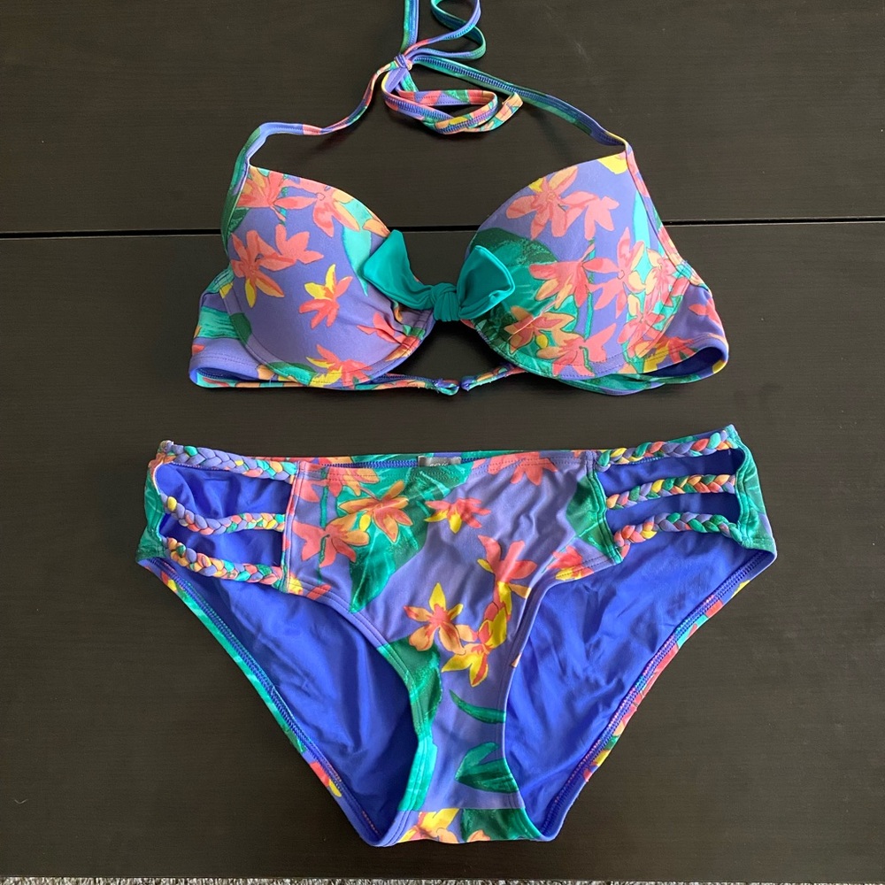 Aerie Tropical Two Piece Swimsuit with Bra Top and Braided Bottoms